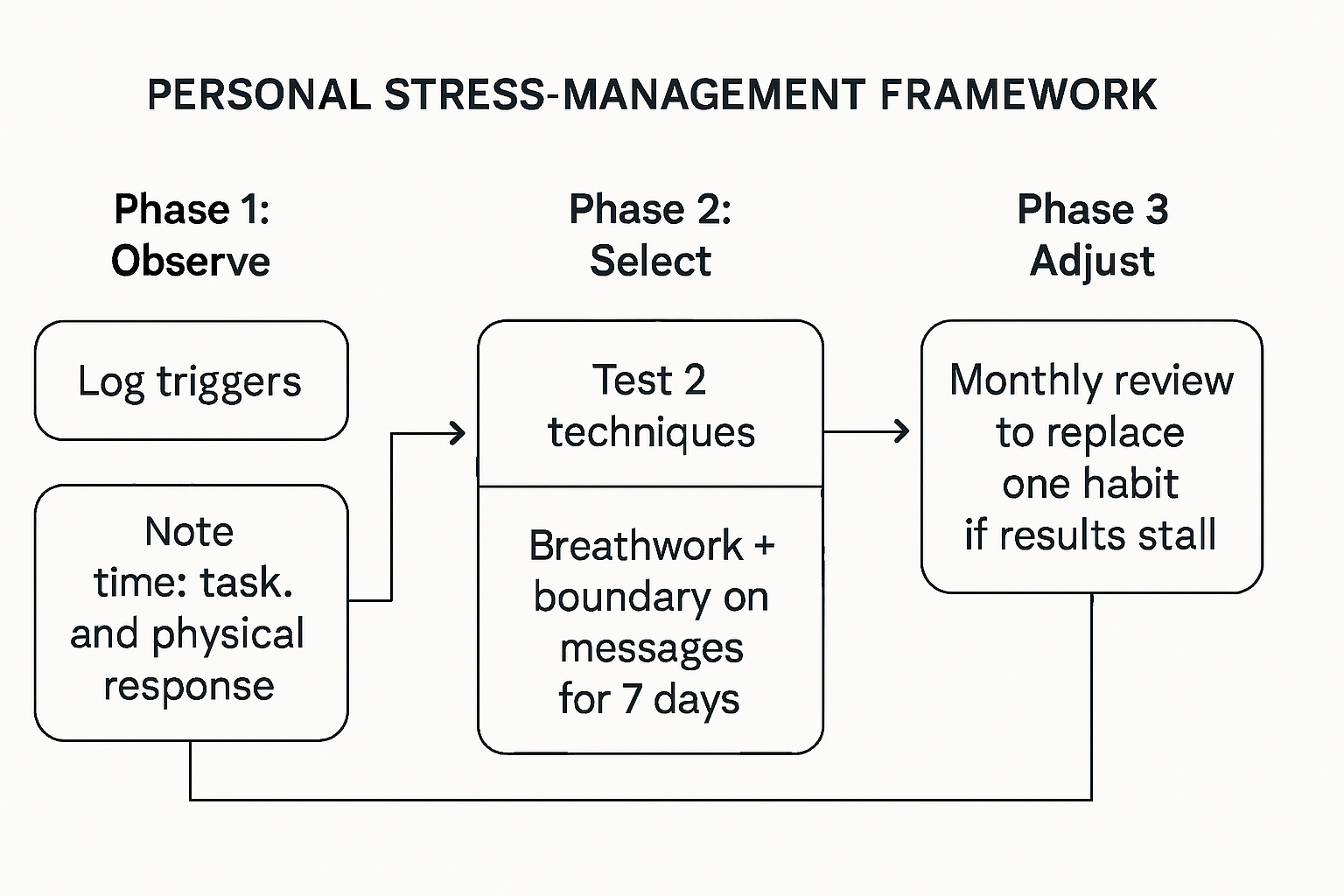 Three-phase flow diagram illustrating steps to build a personal stress-management framework: Observe, Select, and Adjust with example actions for each phase.